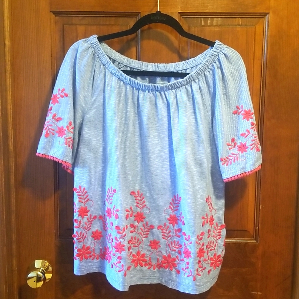 Talbots sz M blue red embroidered floral stripes